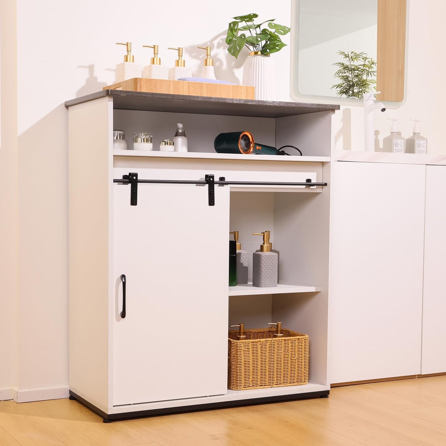 ALBAD Coffee Bar Cabinet/Table, 32" Buffet Sideboard with Sliding Barn Door and Storage Shelves, Farmhouse Wood Kitchen/Accent Storage Cabinet White Walaut