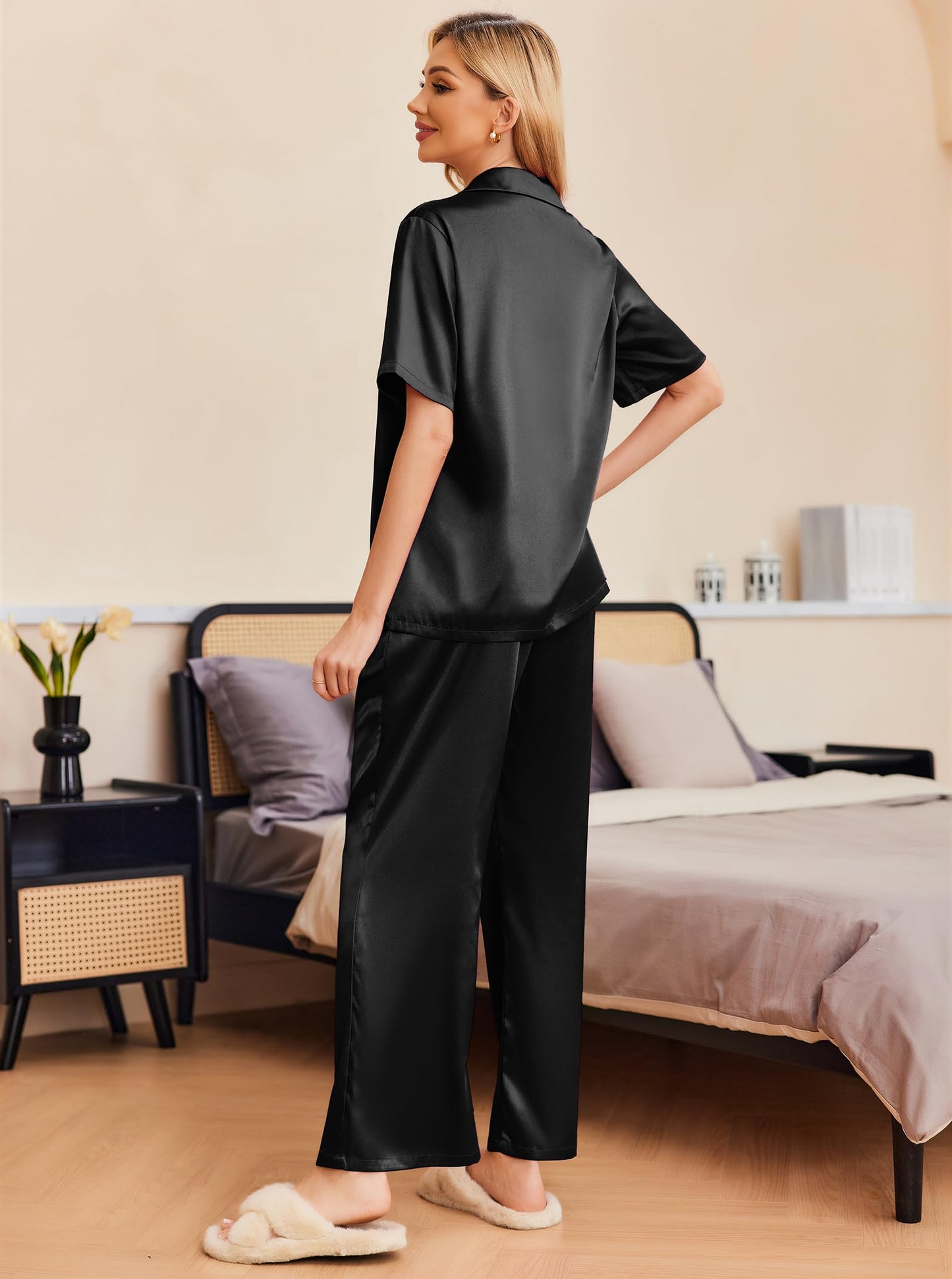 Ekouaer Silk Pajamas for Women Soft Short Sleeve Button Top Wide Leg Long Pants with Pockets Summer Satin 2 Piece Set Black,Medium