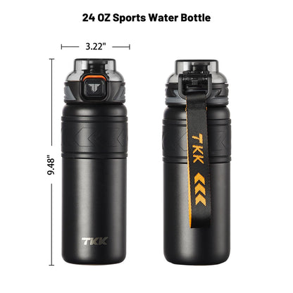 TKK 24 oz Insulated Water Bottle with Straw, Leak Proof Stainless Steel Double Wall Vacuum Thermos with Strap, Reusable Metal Sports Water Bottle for Hot & Cold Drinks, Dishwasher Safe, Black