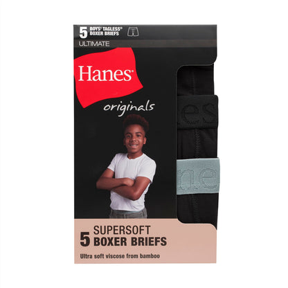 Hanes Ultimate Big Hanes Originals Ultimate Supersoft Boys' Boxer Brief Underwear, Assorted, Black 5-Pack