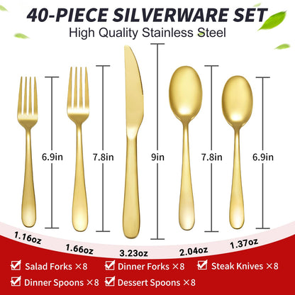 Xingjiake 40 Piece Gold Silverware Set, Kitchen Utensils Set, Silverware Cutlery Flatware Set For 8, Stainless Steel Forks And Spoons Cooking Flatware Serving Set, Dishwasher Safe