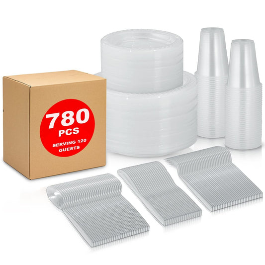 780 Piece Disposable Clear Tableware Set for 120 Guests By Framo - Microwavable Plastic Dinnerware Set of 120 9” Plates, 180 6” Dessert Plates, 120 9oz Cups,120 Spoons, Forks, Knives,