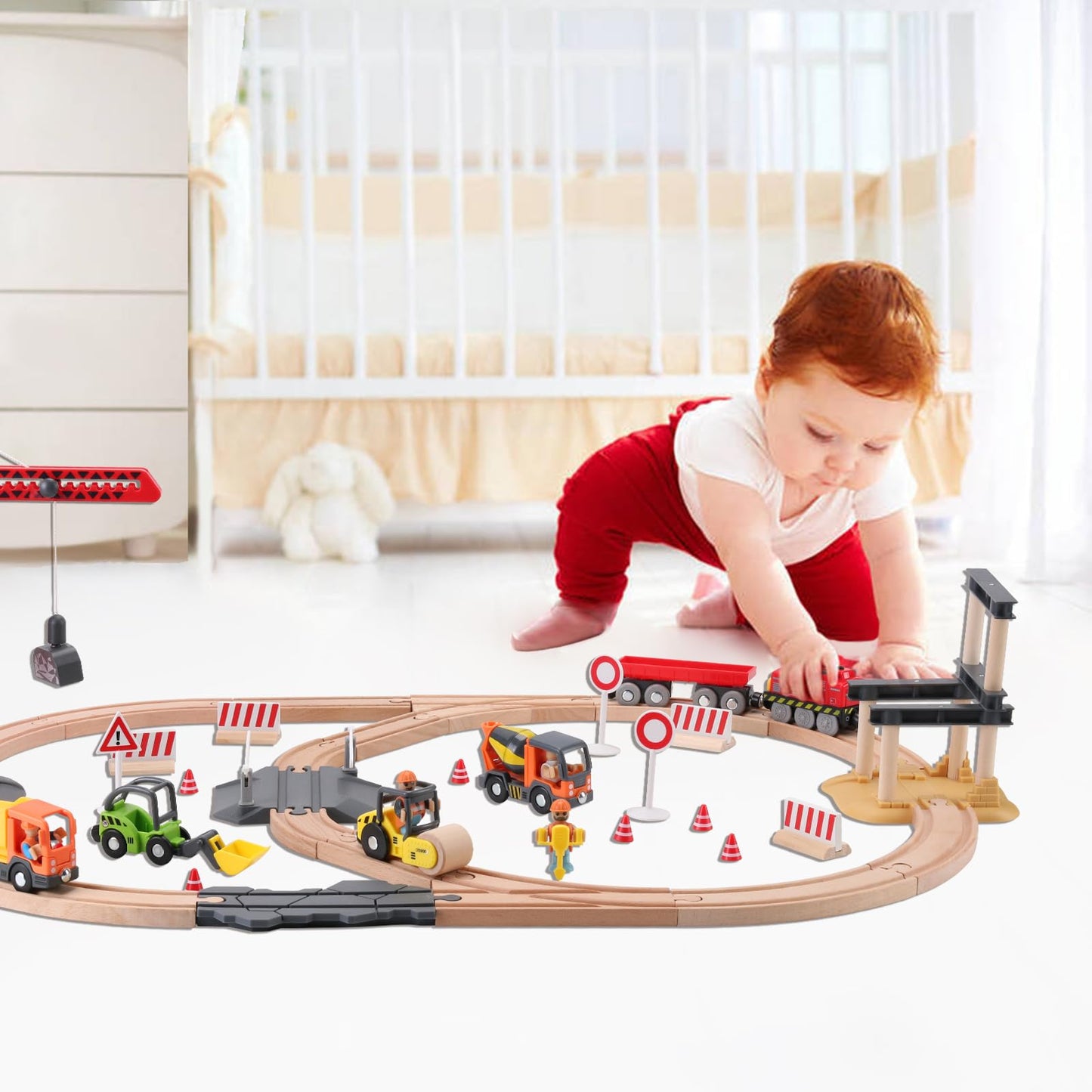 WINB Wooden Train Tracks 70pcs & Construction site Wooden Train Track, Gift Packed Toy Railway Kits for Kids, Toddler Boys and Girls Premium Wood Construction Toys-Fits 70pcs
