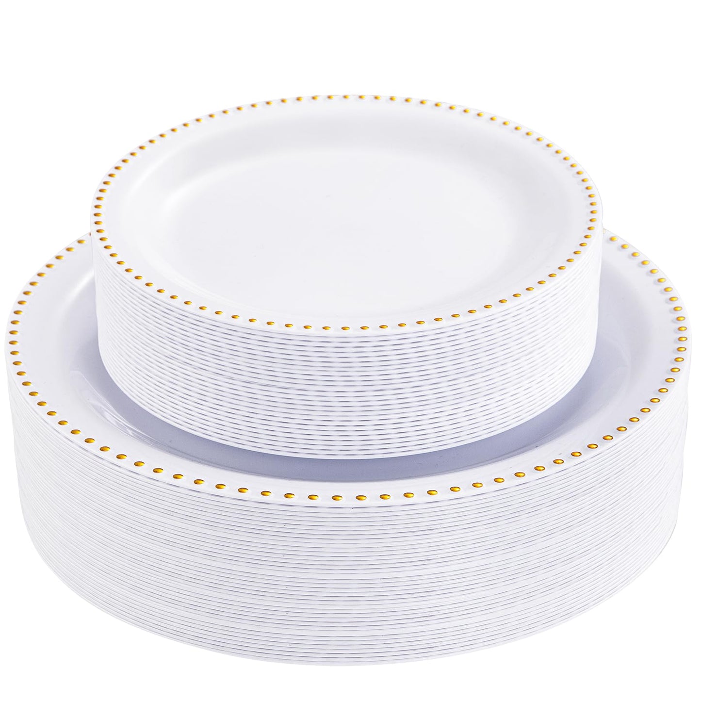 Rubtlamp 60Pcs White Gold Plastic Plates, White Disposable Plates With Gold Beaded, Heavyduty Plastic Plates Include 30 Dessert Platos, 30 Dinner Platos for Party