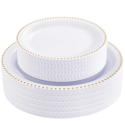 Rubtlamp 60Pcs White Gold Plastic Plates, White Disposable Plates With Gold Beaded, Heavyduty Plastic Plates Include 30 Dessert Platos, 30 Dinner Platos for Party