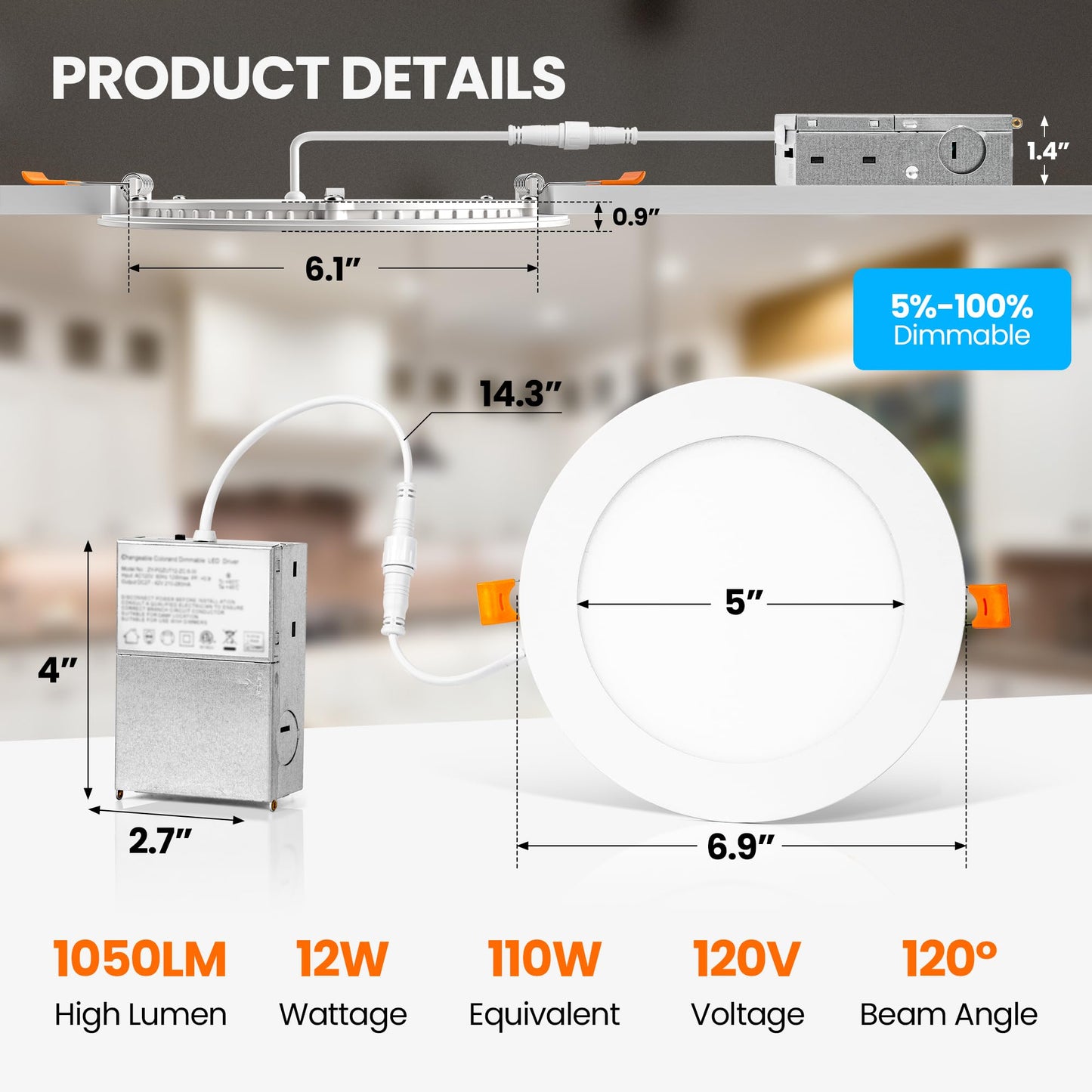 AUDERWIN 12 Pack Recessed Lighting 6 Inch Ultra-Thin 1100LM Brightness 5000K Daylight, 12W 110W Eqv, Dimmable LED Canless Recessed Ceiling Lights with Junction Box, ETL&FCC Certified