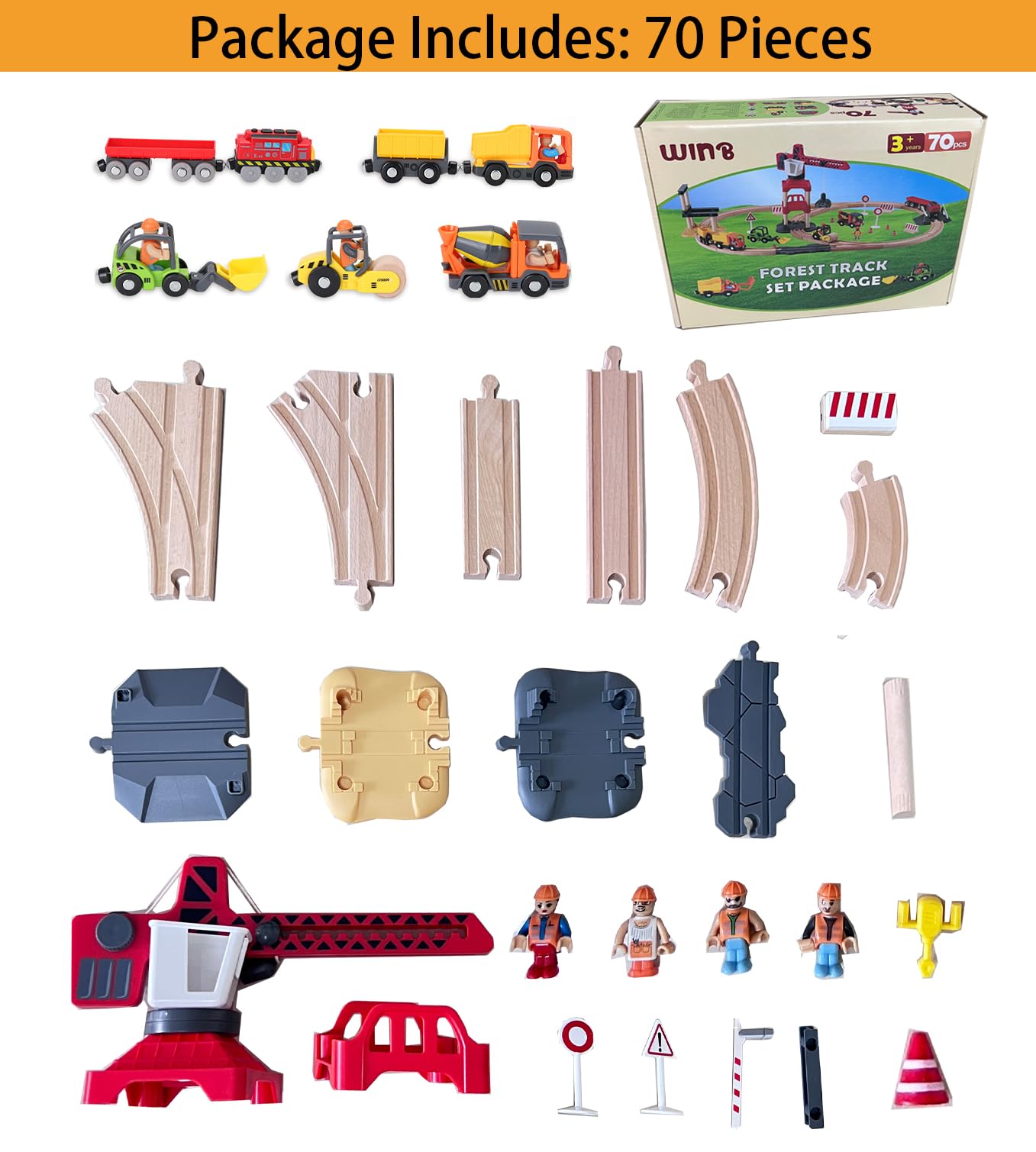 WINB Wooden Train Tracks 70pcs & Construction site Wooden Train Track, Gift Packed Toy Railway Kits for Kids, Toddler Boys and Girls Premium Wood Construction Toys-Fits 70pcs