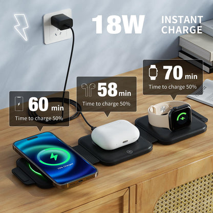 3 in 1 Fast Charging Station for iPhone,Magnetic Foldable Wireless Charging Station,Portable Travel Charger for Multple Devices for iPhone15/14/13/12 Series,AirPods 3/2/Pro,iWatch(Adapter Included)