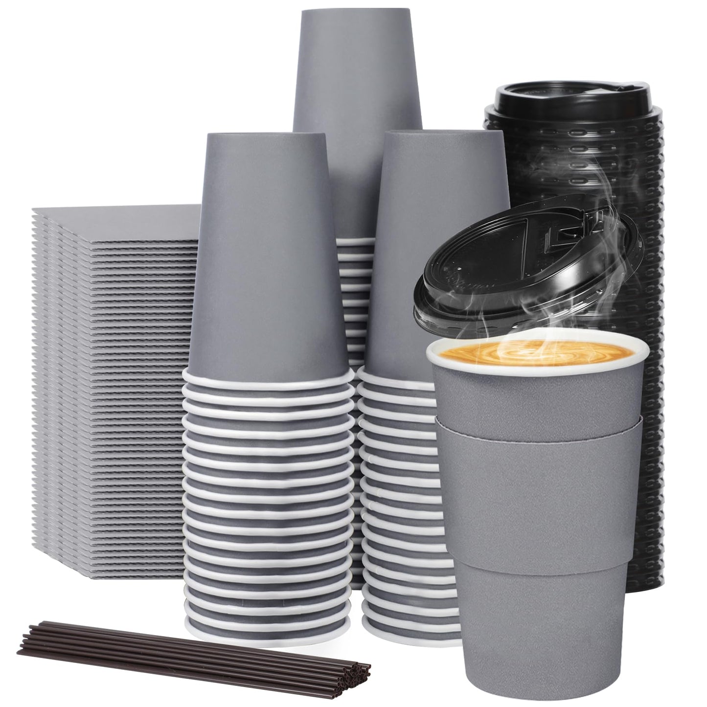 Huifany Coffee Cups with Lids 16 oz 60 Pack, Disposable Hot Cups with Lids and Straws, 16oz Coffee To Go Cups with Lids for Party, Kitchen, Cafes, Office.