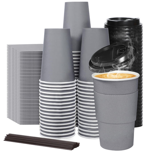 Huifany Coffee Cups with Lids 16 oz 60 Pack, Disposable Hot Cups with Lids and Straws, 16oz Coffee To Go Cups with Lids for Party, Kitchen, Cafes, Office.