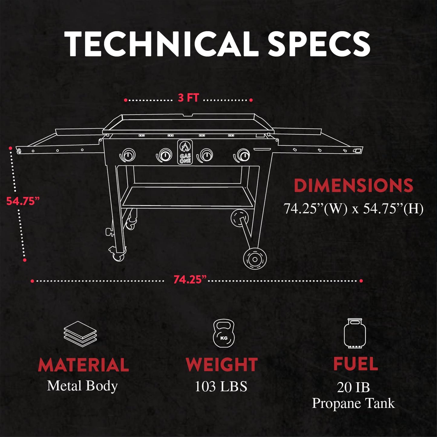 Gas One Propane Burner Grill–36-Inch Flat Top Grill Griddle Cooking Station–Foldable 4 Burner Propane Grill with Pre-Seasoned Griddle–Professional Burners for Outdoor Cooking with Side Shelves, Black