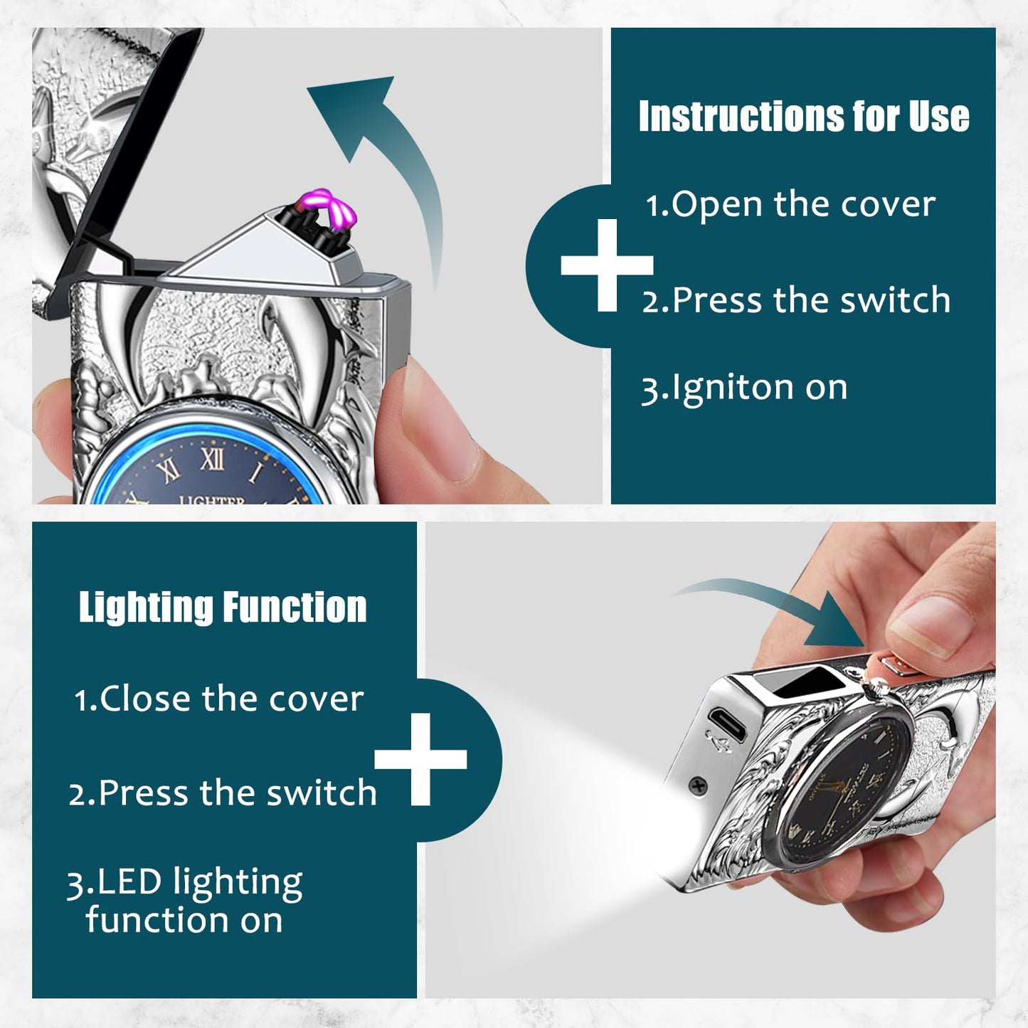 USB Rechargeable Plasma Arc Lighter with Clock Dial and Flashlight