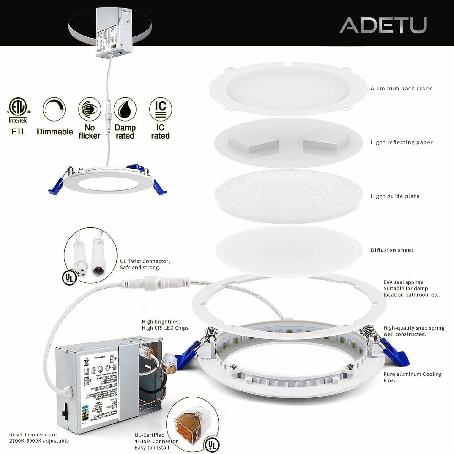 Adetu 12 Pack Dimmable LED Recessed Lights