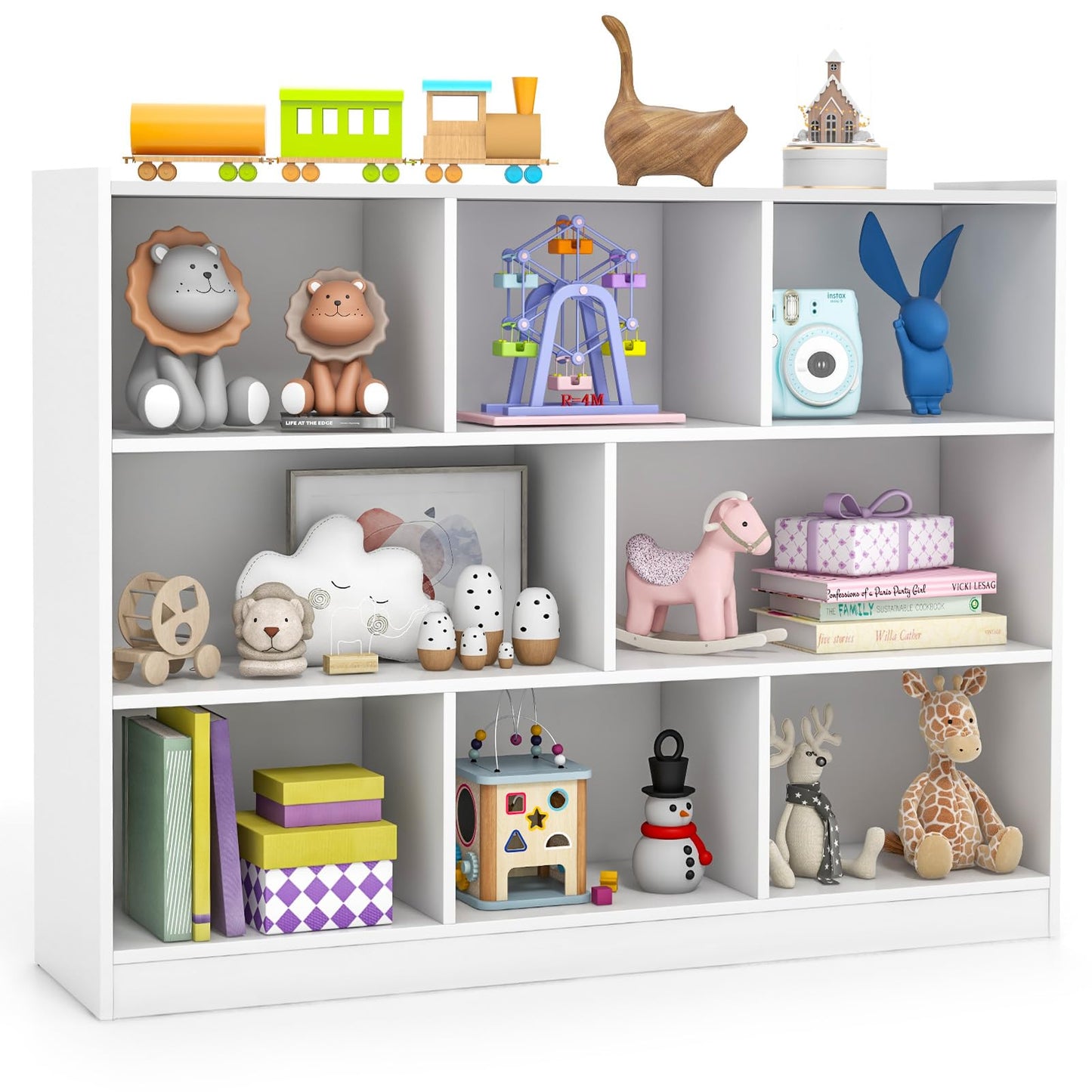 KOTEK Toy Storage Organizer, 8 Cubby Kids Bookshelf, Wooden 4-Tier Bookcase Storage Cabinet, Open Display Book Shelf for Daycare, Nursery, School Classroom, Playroom & Bedroom (White, 8 Cubes)