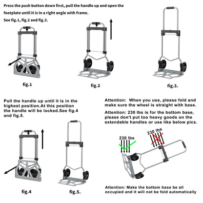 SUZHI Lightweight Folding Hand Turck Dolly Cart with 2 Wheels Foldable, Aluminum Collapsible Dolly Hand Truck, Portable & Compact for Shopping, Travel & Groceries.