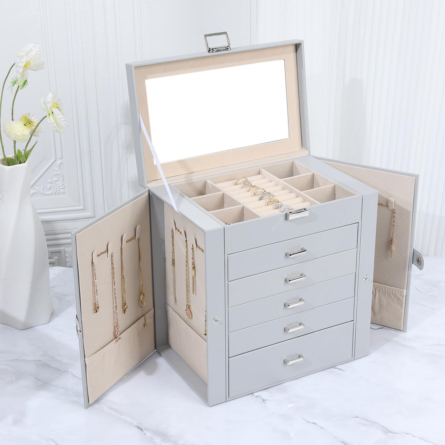 ASINGYER Jewelry Box for Women, 6 Layer Lockable Large Jewelry Holder Organizer with 5 Drawers for Jewelry Storage, Big Jewelry Box for Womens’ Christmas Gift (gray)