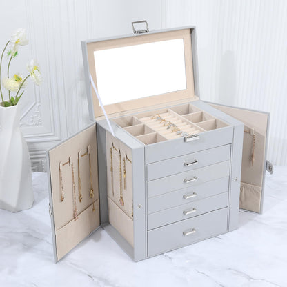 ASINGYER Jewelry Box for Women, 6 Layer Lockable Large Jewelry Holder Organizer with 5 Drawers for Jewelry Storage, Big Jewelry Box for Womens’ Christmas Gift (gray)