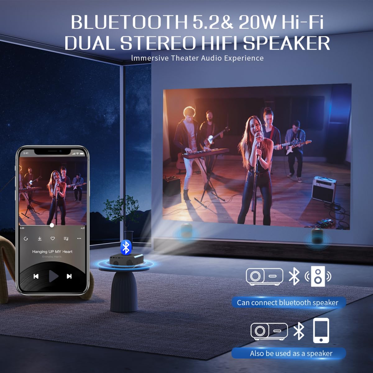 Portable 1080P Projector with Auto Focus & Screen