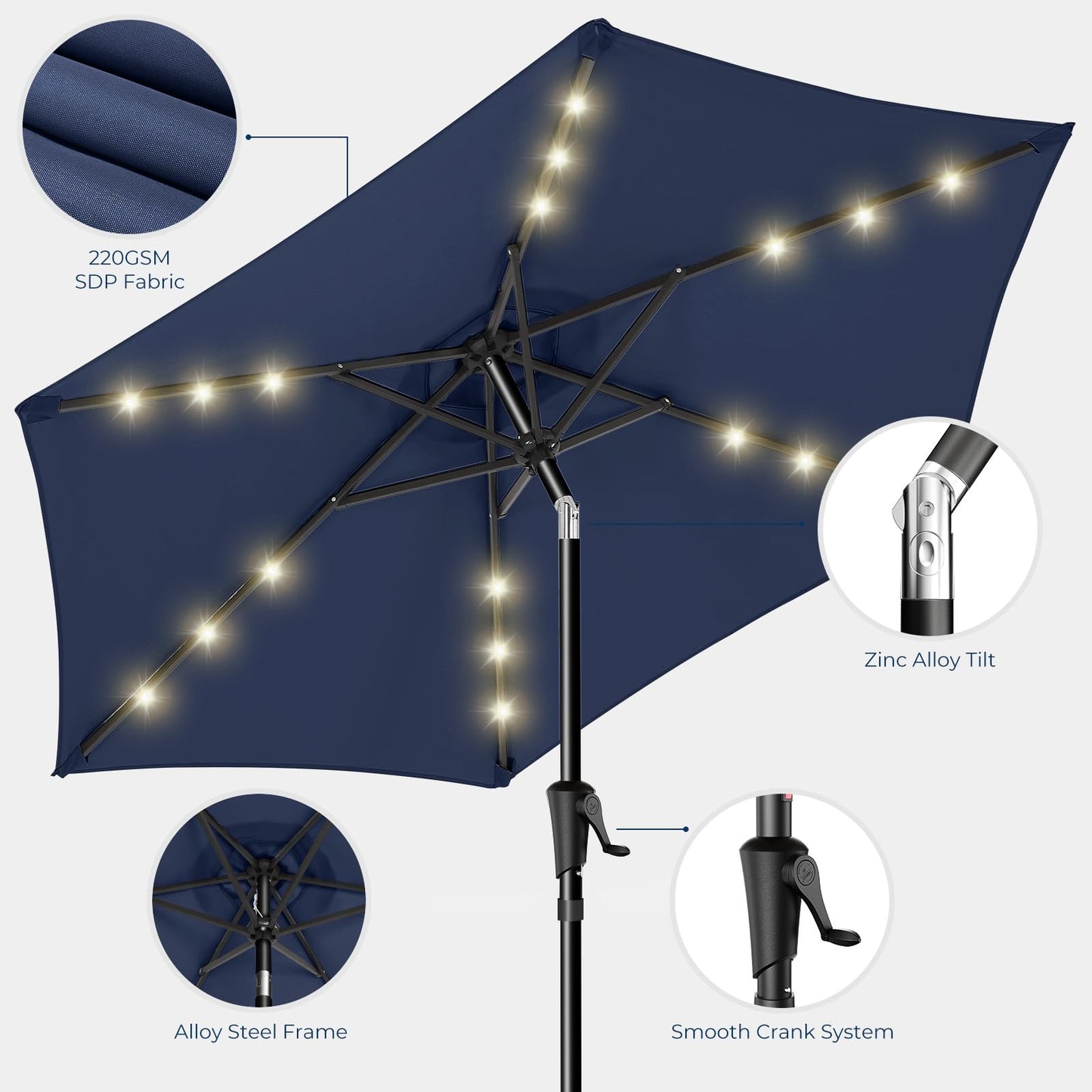 HOMSHADE 7.5ft Solar Patio Umbrella - Solar Lights LED Lighted Outdoor Market Table Umbrella, UPF50+ UV Protection with Push Button Tilt, Crank for Pool Deck and Garden (Navy Blue)