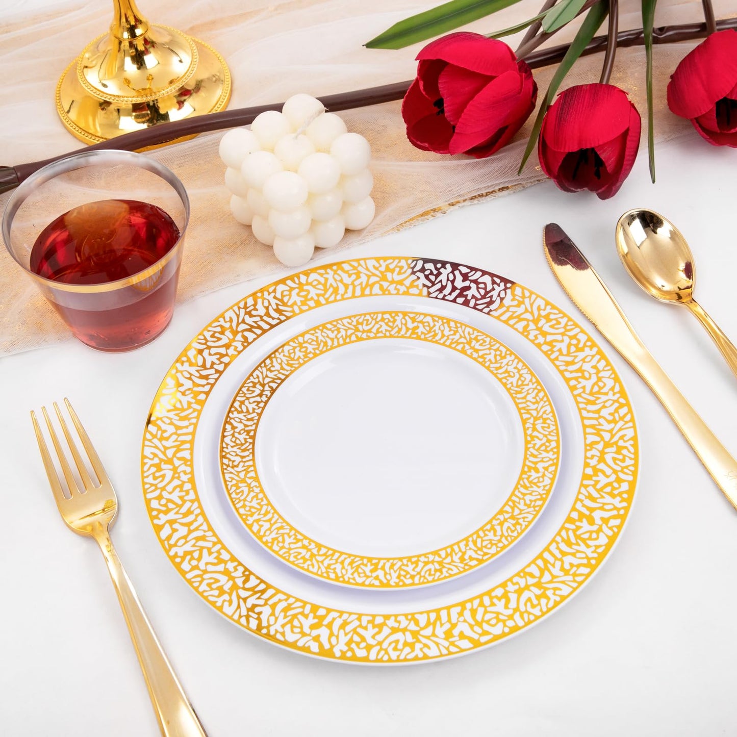 GATHER 300Pcs Gold Plates-Gold Plastic Dinnerware for 50 Guests-Disposable Lace Plates for Party Include: 100 Gold Plastic Plates Disposable, 50 Gold Silverware, 50 Cup for Mother's Day