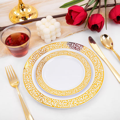 GATHER 300Pcs Gold Plates-Gold Plastic Dinnerware for 50 Guests-Disposable Lace Plates for Party Include: 100 Gold Plastic Plates Disposable, 50 Gold Silverware, 50 Cup for Mother's Day