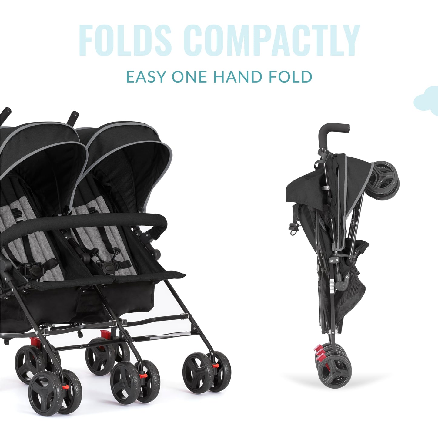 Dream On Me Volgo Twin Umbrella Stroller in Black, Lightweight Double Stroller for Infant & Toddler, Compact Easy Fold, Large Storage Basket, Large and Adjustable Canopy