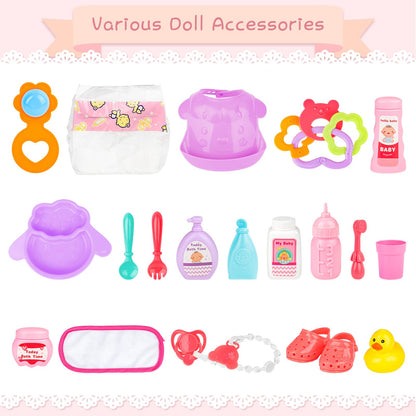 deAO 12 Inch Baby Doll Set 26 PCS Doll Playset with Bathroom Sink,Toilet,Bathtub and Accessories,Pretend Play Doll Toys with Sound and Light for 3 4 5 6 7 8 Years Old Kids Girls Boys