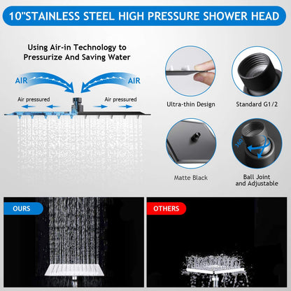 Shower Head Combo,10 Inch High Pressure Rain Shower Head with 11 Inch Adjustable Extension Arm and 5 Settings Handheld Powerful Shower Spray Against Low Pressure Water - Matte Black