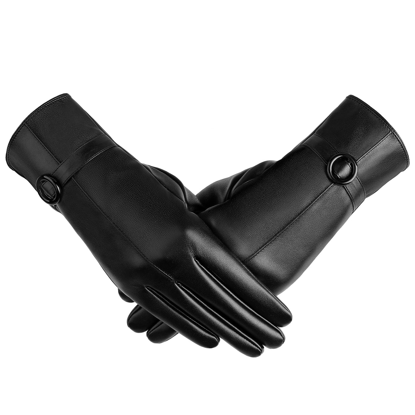Womens Black Leather Touchscreen Winter Gloves