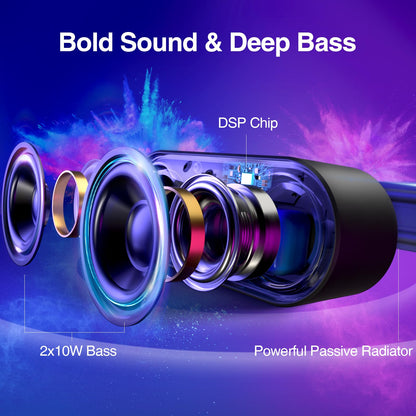 Rythflo Bluetooth Speakers, [Blod Bass & Dynamic Lights] Portable Wireless Speaker with 20W Powerful Sound, 24Hrs Playtime, Build-in MIC, IP66 Waterproof/Dustproof Blue Tooth Speaker