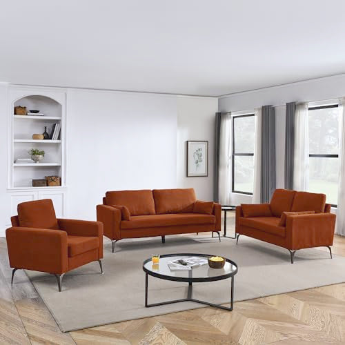 FANYE 3 Pieces Living Room Sofa Sets Include Armchair,Loveseat and 3Seaters Couch,Corduroy Upholstered Tufted Sofa&Couch with 4 Pillows and Metal Legs for Home Office Apartment
