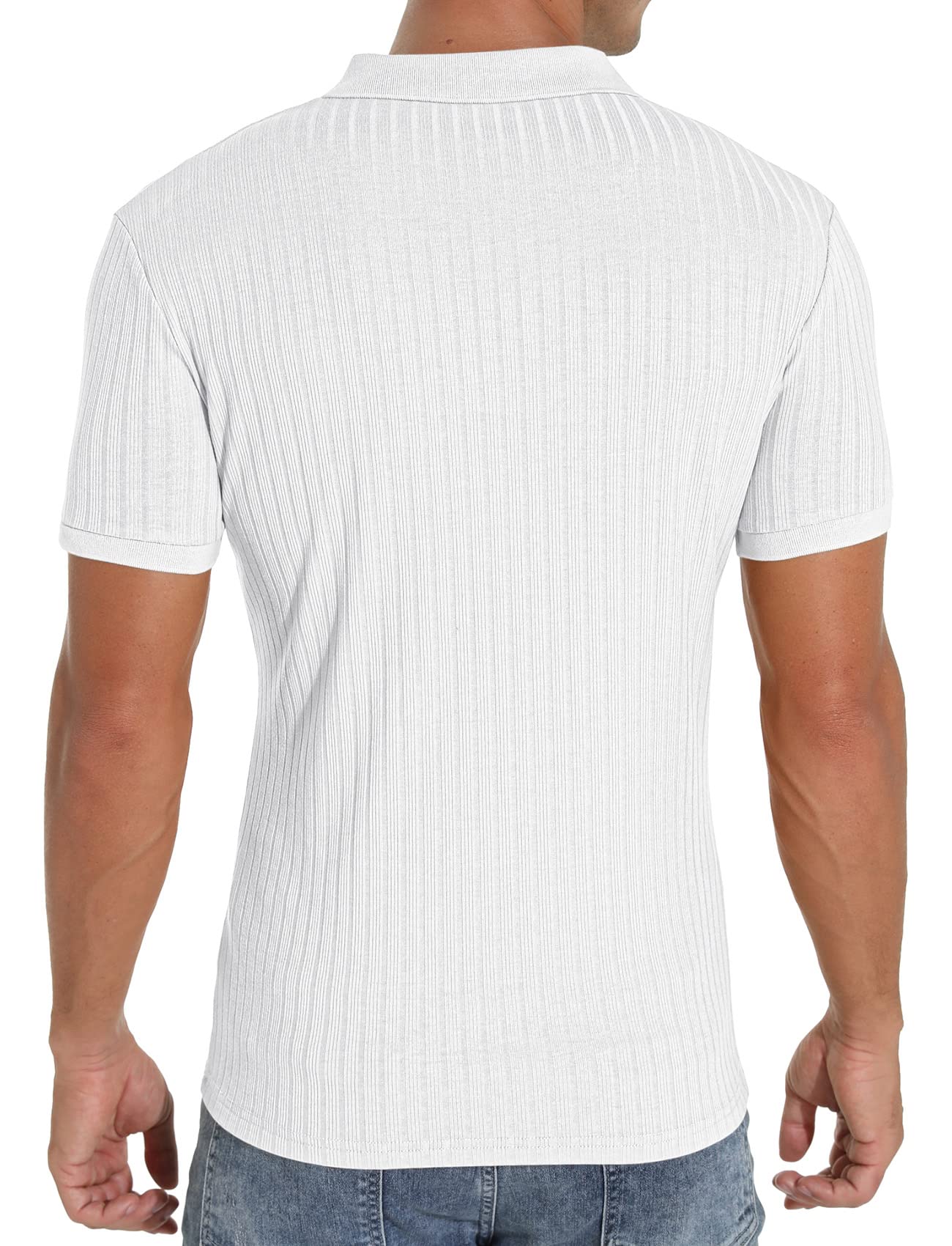 Askdeer Men's Zip Polo Shirts Classic Short Sleeve Stretch Slim Fit Casual T Shirts White