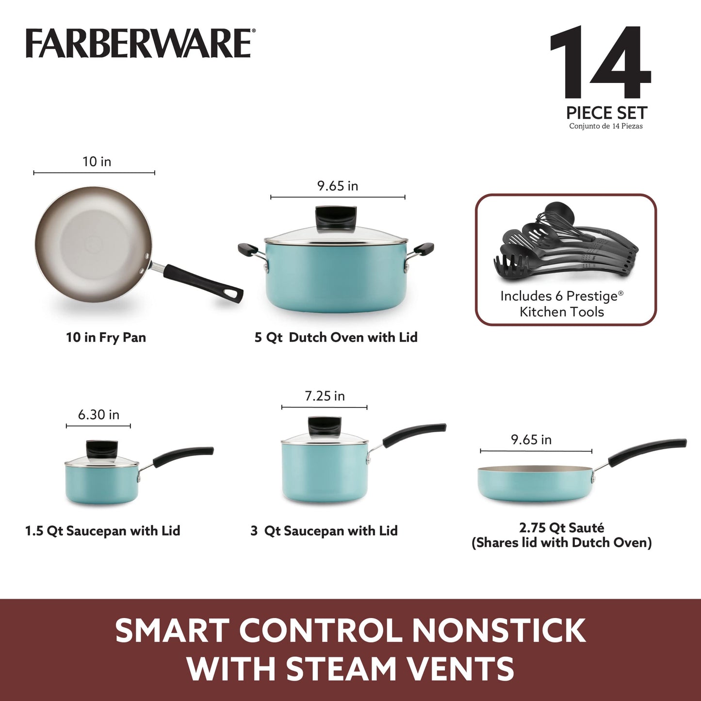 Farberware 14-Piece Nonstick Cookware Set, Aqua