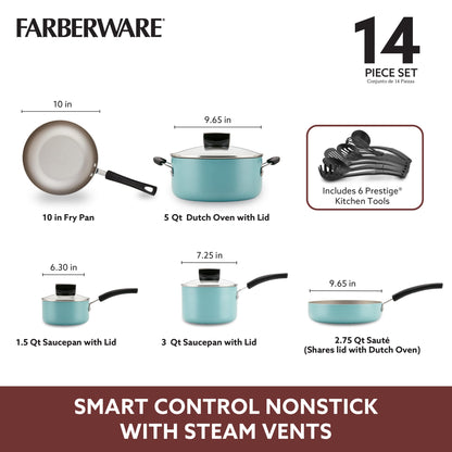 Farberware 14-Piece Nonstick Cookware Set, Aqua