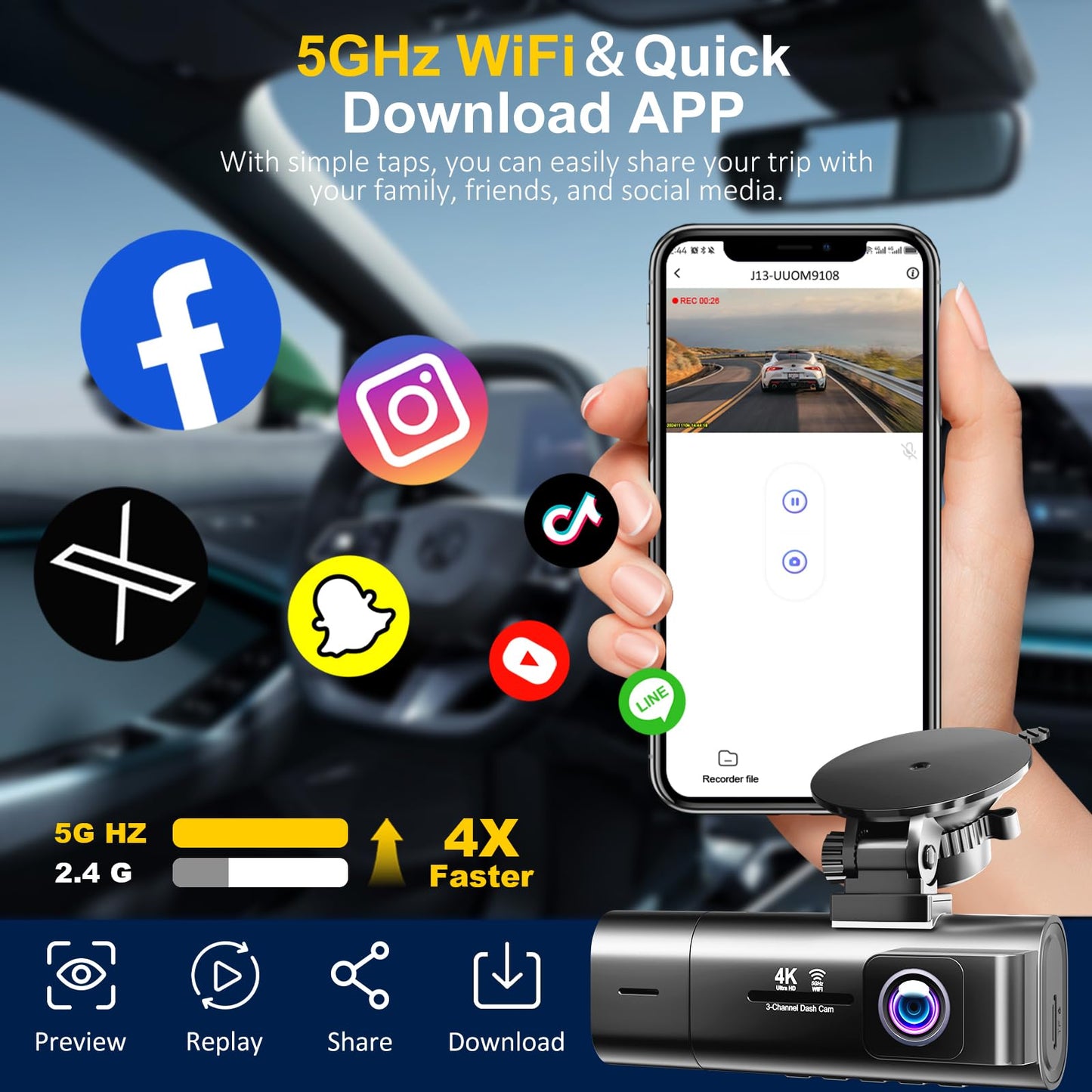 3-Channel Dash Cam with Night Vision