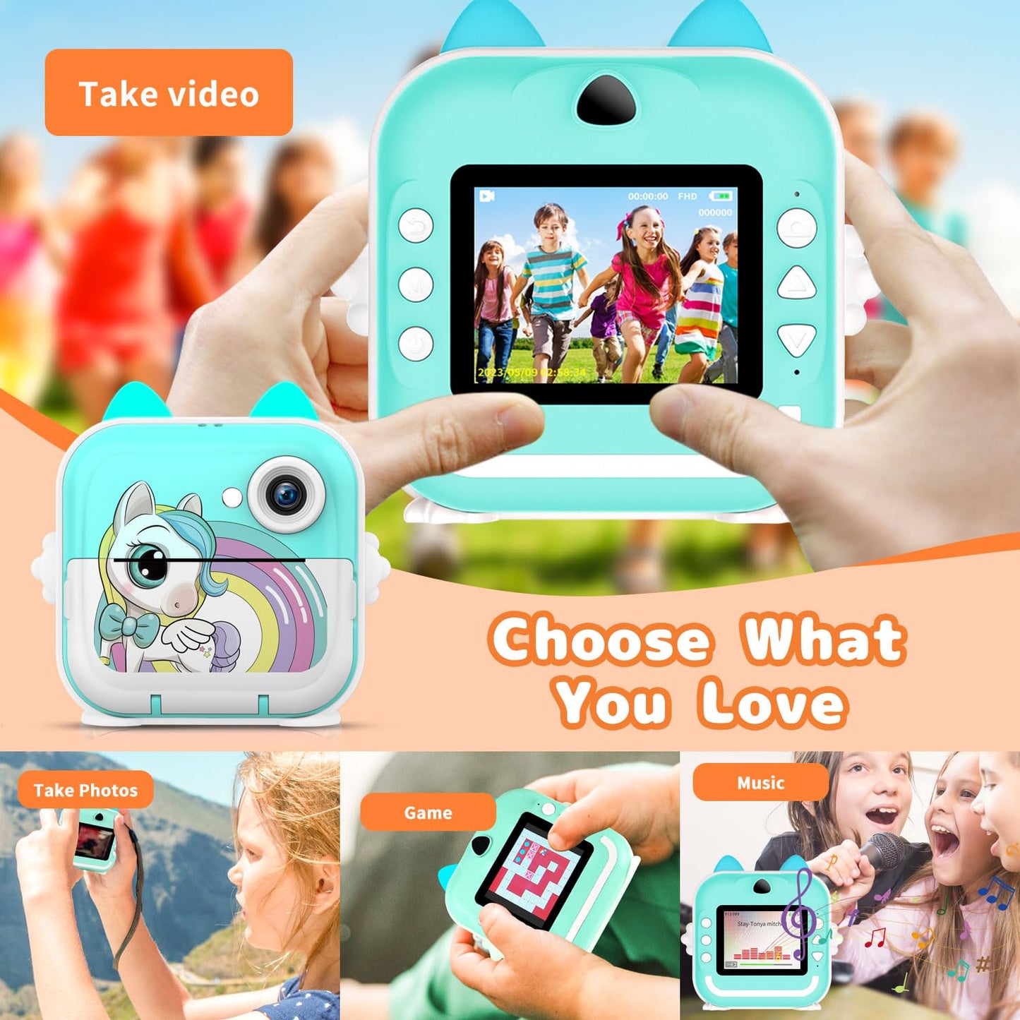 Instant Print Camera for Kids, Christmas Birthday Gifts for Girls Boys, Selfie Digital Camera with 1080P Videos, Portable Travel Camera Toy for 6+ Years Old Girl with Print Paper & 32G Card