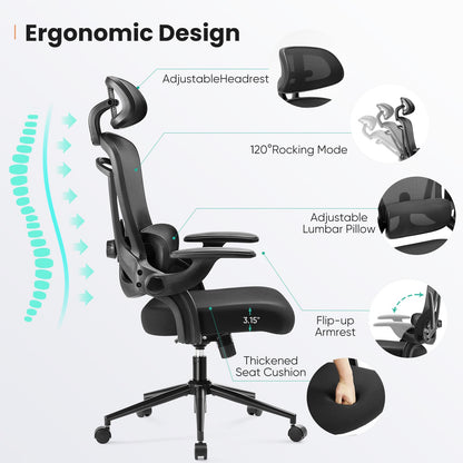 Ergonomic Office Chair, High Back Desk Chair with 2D Headrest, Up&Down Lumbar Support, Swivel Computer Task Mesh Chair with Adjustable Flip-up Armrests, Inky Black