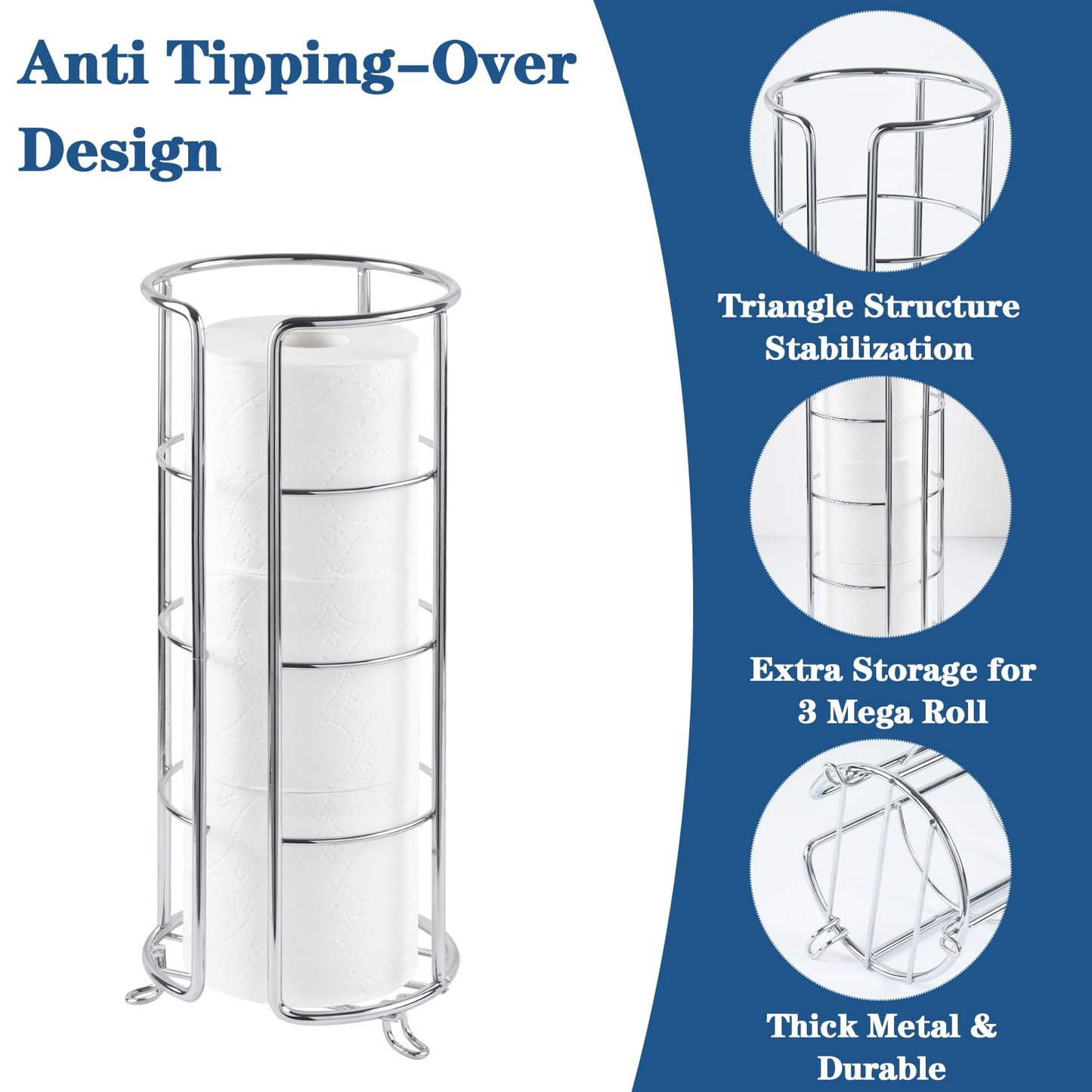 HappyHapi Toilet Paper Holder, Toilet Paper Organizer Stand, Free Standing 3 Rolls Tissue Storage, Toilet Paper Stand Metal Bathroom Accessory, Rustproof Toilet Roll Holder Silver