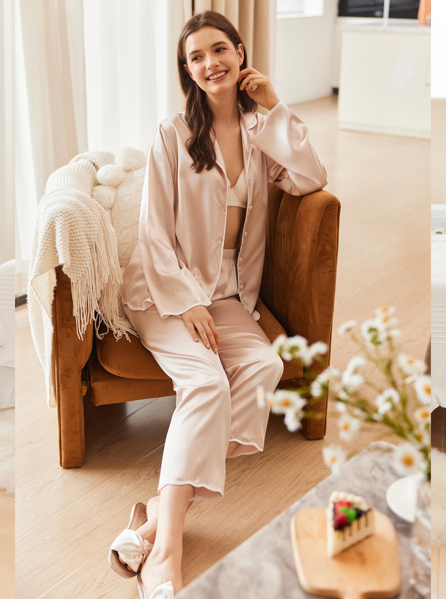 Ekouaer Silk Pajamas for Women Satin Long Sleeve Pajamas Set 2 Pieces Button Down Shirts and Pants Ruffle Sleepwear Champagne Medium