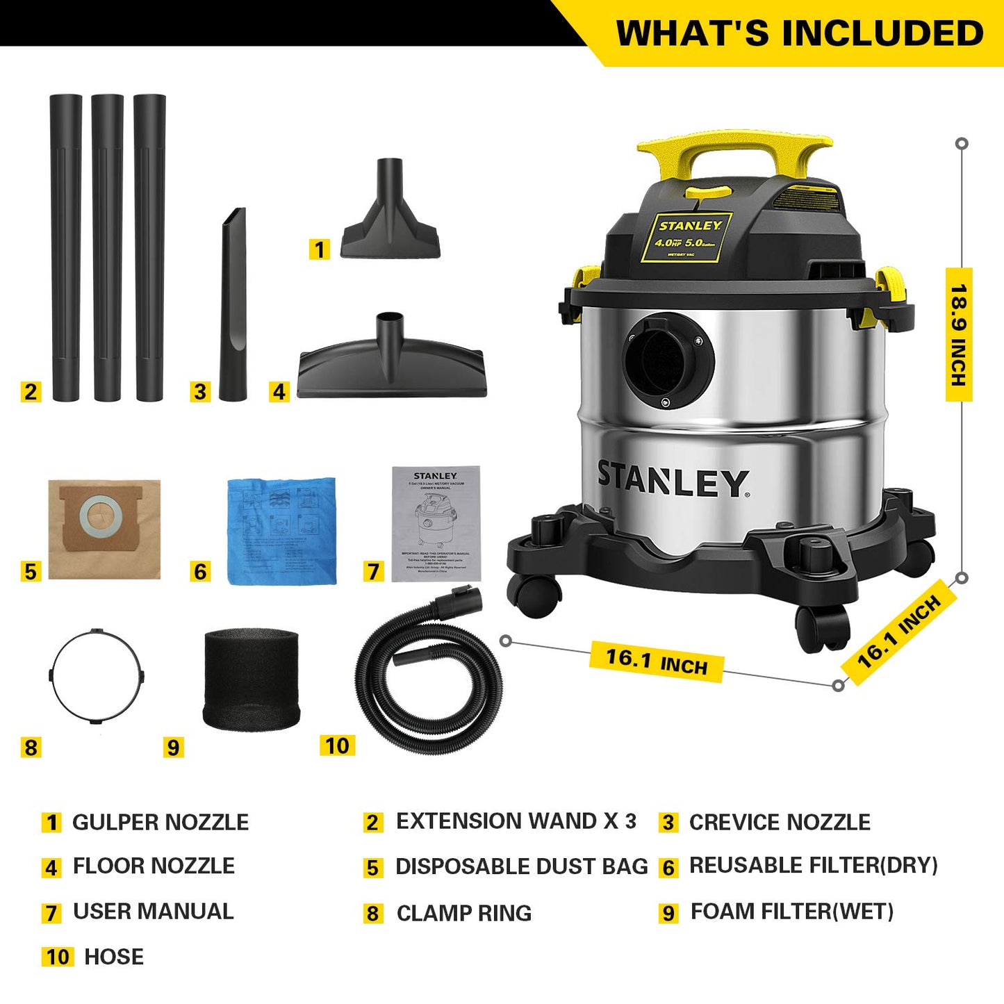 STANLEY SL18115 Wet/Dry Vacuum, 4 Horsepower, Stainless Steel Tank, 5 Gallon, 4.0 HP, 50" Sealed Pressure, Silver+Yellow