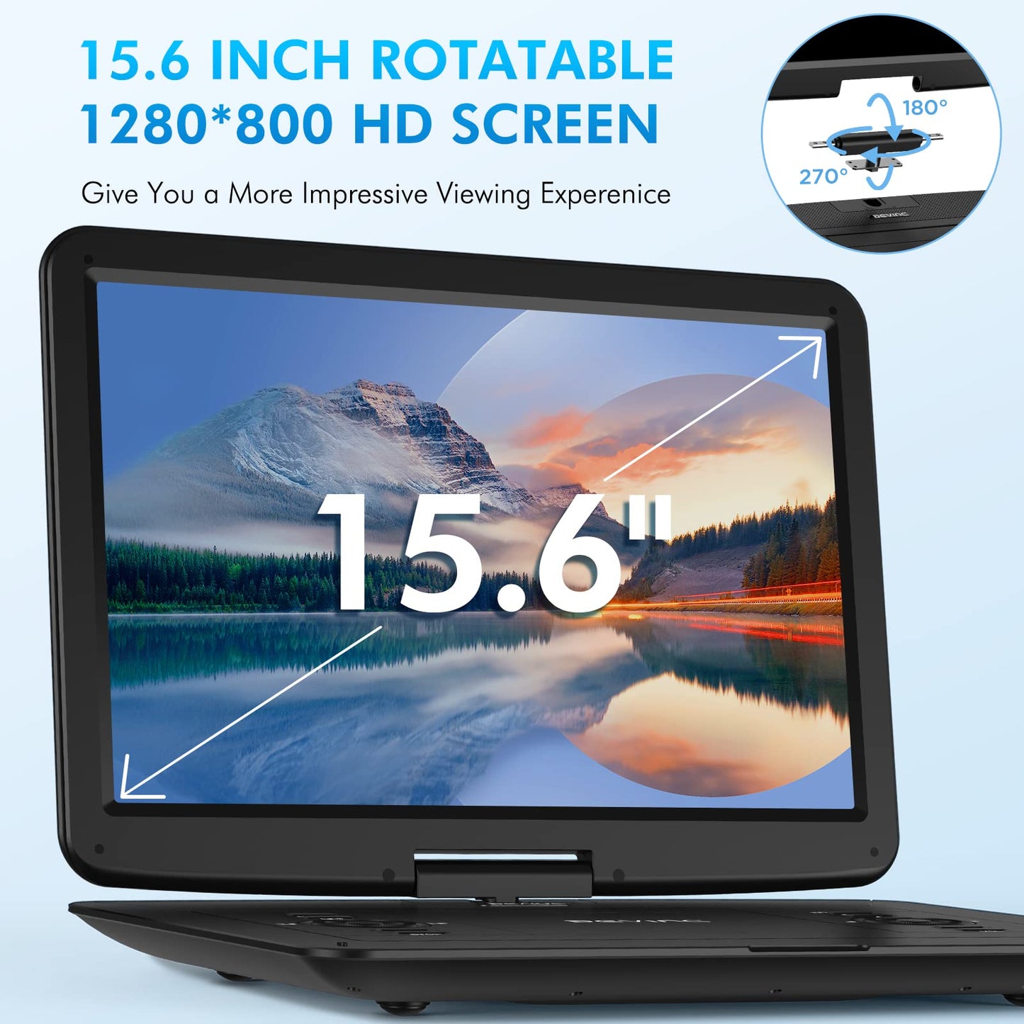 DEVINC 17.9" Portable DVD Player with 15.6" HD Swivel Screen, Support Multiple DVD CD Formats/USB/SD Card/Sync TV, 6 Hours Rechargeable Battery, Car Charger, Remote Control, Region Free