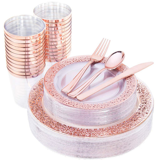 IOOOOO 150 Pcs Rose Gold Plastic Plates & Silverware & Disposable Cups, Laced Design Includes 25 Dinner Plates 10.25" 25 Dessert Plates 7.5" 25 Tumblers 25 Forks 25 Knives 25 Spoons for Party