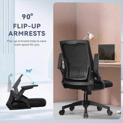 COMHOMA Office Chair with Flip-up Armrests Ergonomic Computer Desk Chair Foldable Mesh Task Chair with Wheels Adaptive Lumbar Support Swivel Tilt Comfortable Study Chair for Student, Black