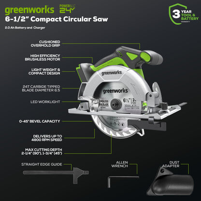 Greenworks 24V Brushless Cordless 1/2" 310 in/lbs.Drill/Driver and 6-1/2" Circular Saw Combo (18+1 Position Clutch/LED Light) (4,800 RPM/Cutting Depth 45°/90°), 2×2Ah Battery and 2Ah Fast Charger