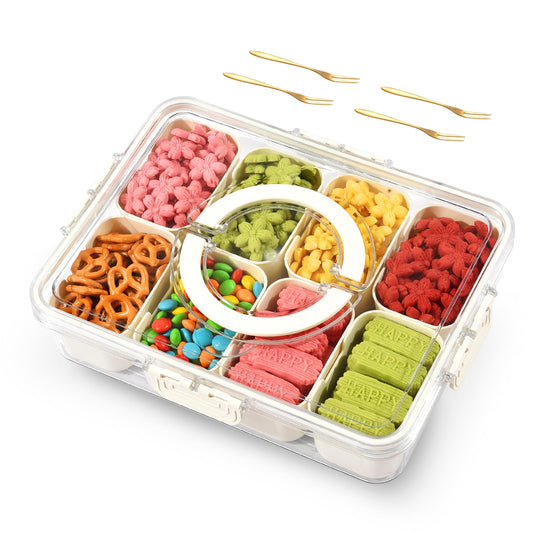 joyddo Divided Serving Tray with Lid and Handle,Snackle Box Container mit 8 Compartments Clear Serving Platters and Trays,Snack Platters for Veggie Fruits Tray, for Picnic Party Travel(with 4 Forks)