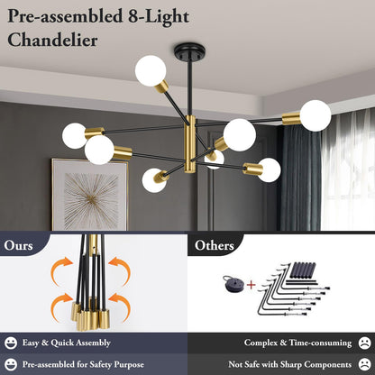 BesLowe 8-Light Modern Sputnik Chandelier, Mid Century Black & Gold Chandeliers Lighting, Farmhouse Ceiling Hanging Light Fixture for Dining Room Bedroom Living Room Kitchen Foyer, Height Adjustable