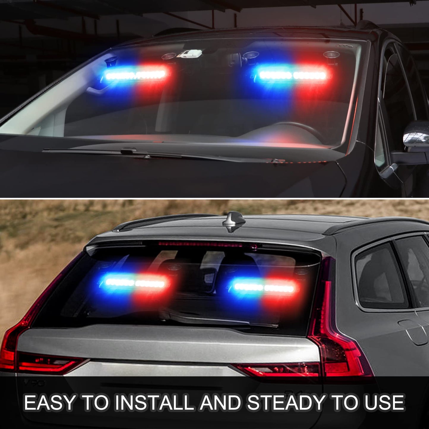 SMALLFATW Split Strobe Light Bar Dual 12 LED 16" 9 Flashing Modes, Four-Way Adjustable Locking Suction Cup, Visor Dash Windshield Warning Emergency Light for Car Truck Vehicles, Red&Blue 2PCS