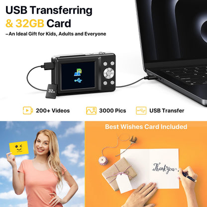 Digital Camera, FHD 1080P Digital Camera for Kids with 32GB SD Card Compact Point and Shoot Camera 16X Zoom Anti Shake Portable Cameras Small Camera for Teens Boys Girls Seniors with Best Wishes Card