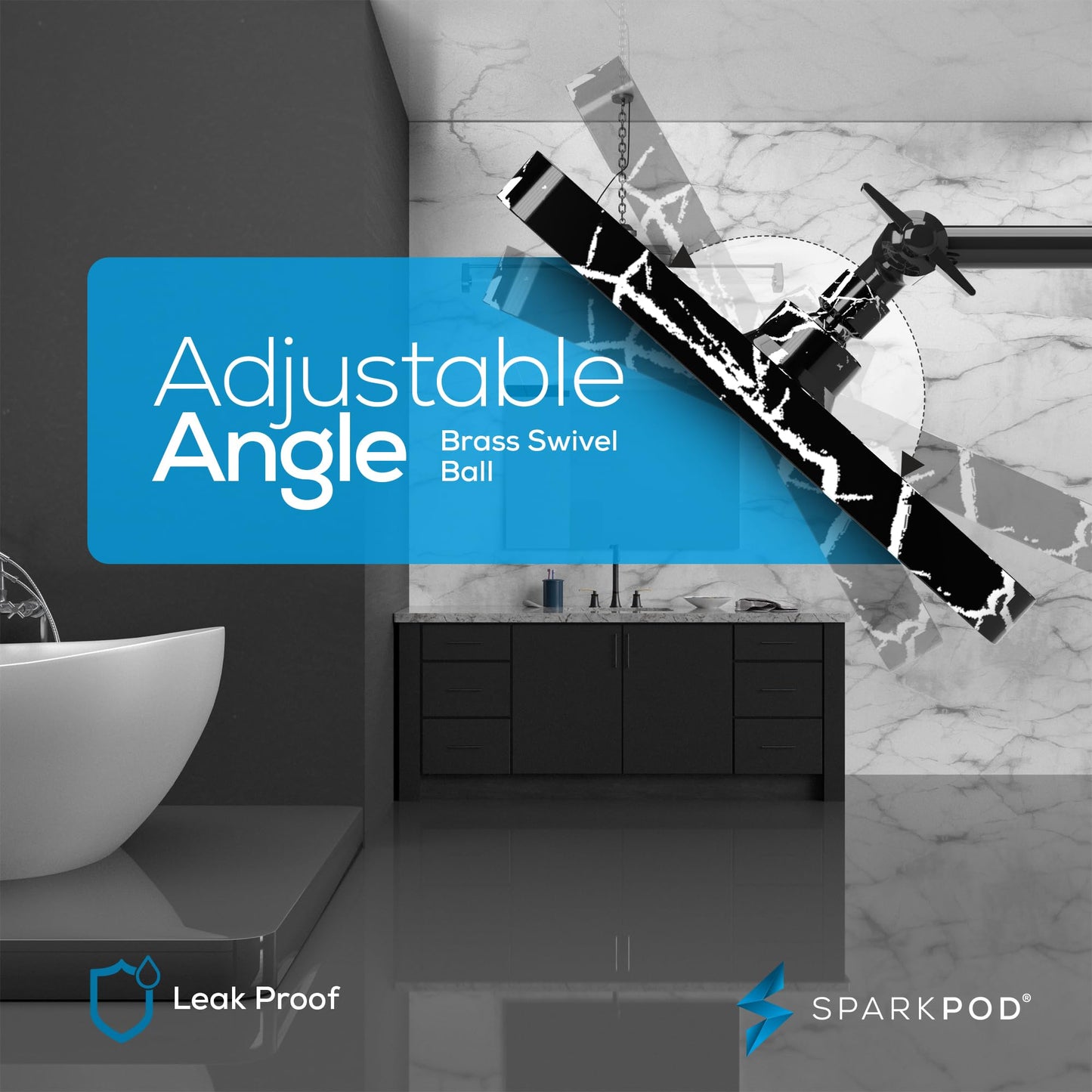 SparkPod Shower Head - High Pressure Rain - Premium Quality Luxury Design - 1-Min Install - Easy Clean Adjustable Replacement for Your Bathroom Shower Heads (8" Square, Black Marble)