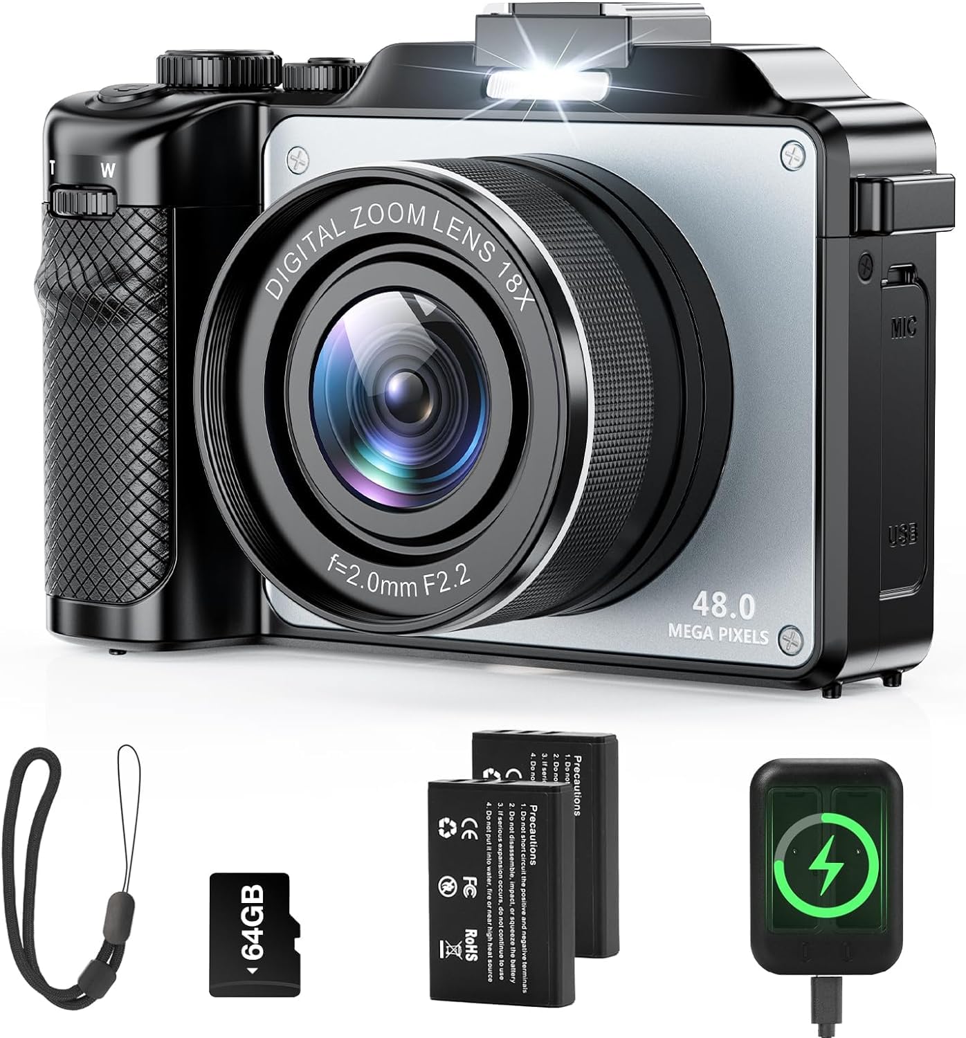 4K Digital Camera for Photography and Video, 64MP Auto-Focus Anti-Shake Vlogging Camera with 18X Digital Zoom, Flash, Compact Travel Camera with 64GB TF Card, 2 Batteries and Battery Charger, Silver